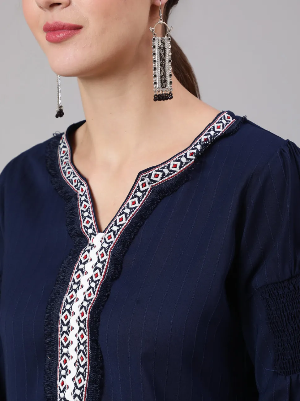 Jaipur Kurti A Blue Poly Silk Lace Embellished Top With Smocked Sleeves With Wide-Leg White Pants