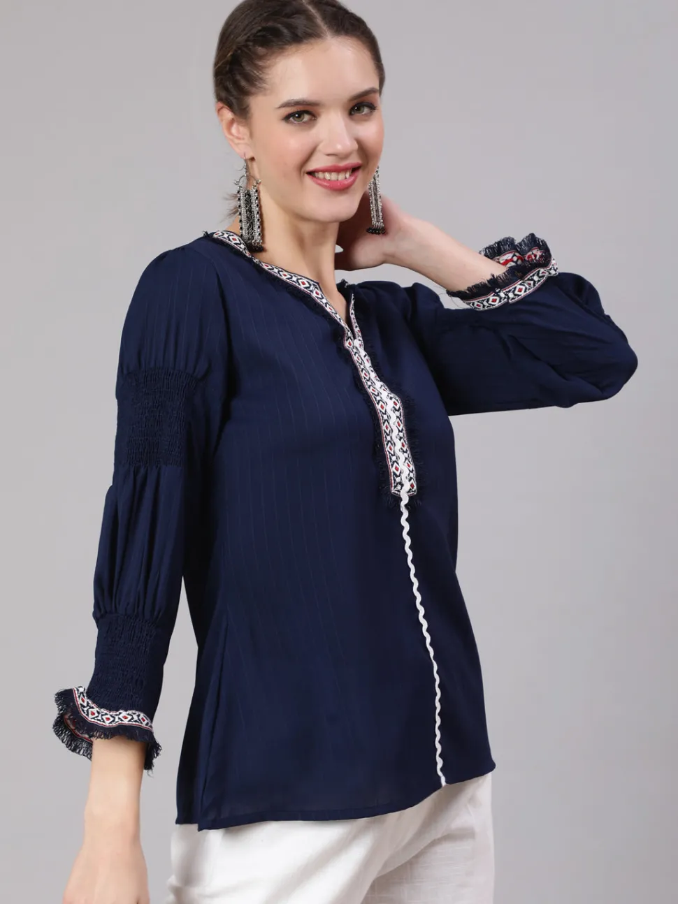 Jaipur Kurti A Blue Poly Silk Lace Embellished Top With Smocked Sleeves With Wide-Leg White Pants
