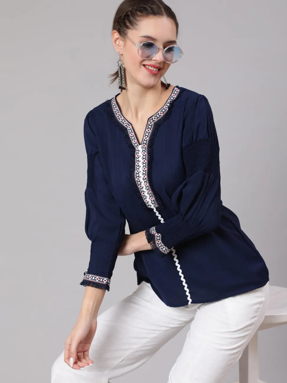 Jaipur Kurti A Blue Poly Silk Lace Embellished Top With Smocked Sleeves With Wide-Leg White Pants