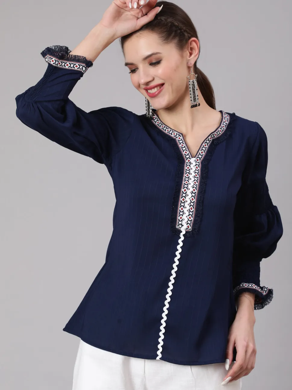Jaipur Kurti A Blue Poly Silk Lace Embellished Top With Smocked Sleeves With Wide-Leg White Pants