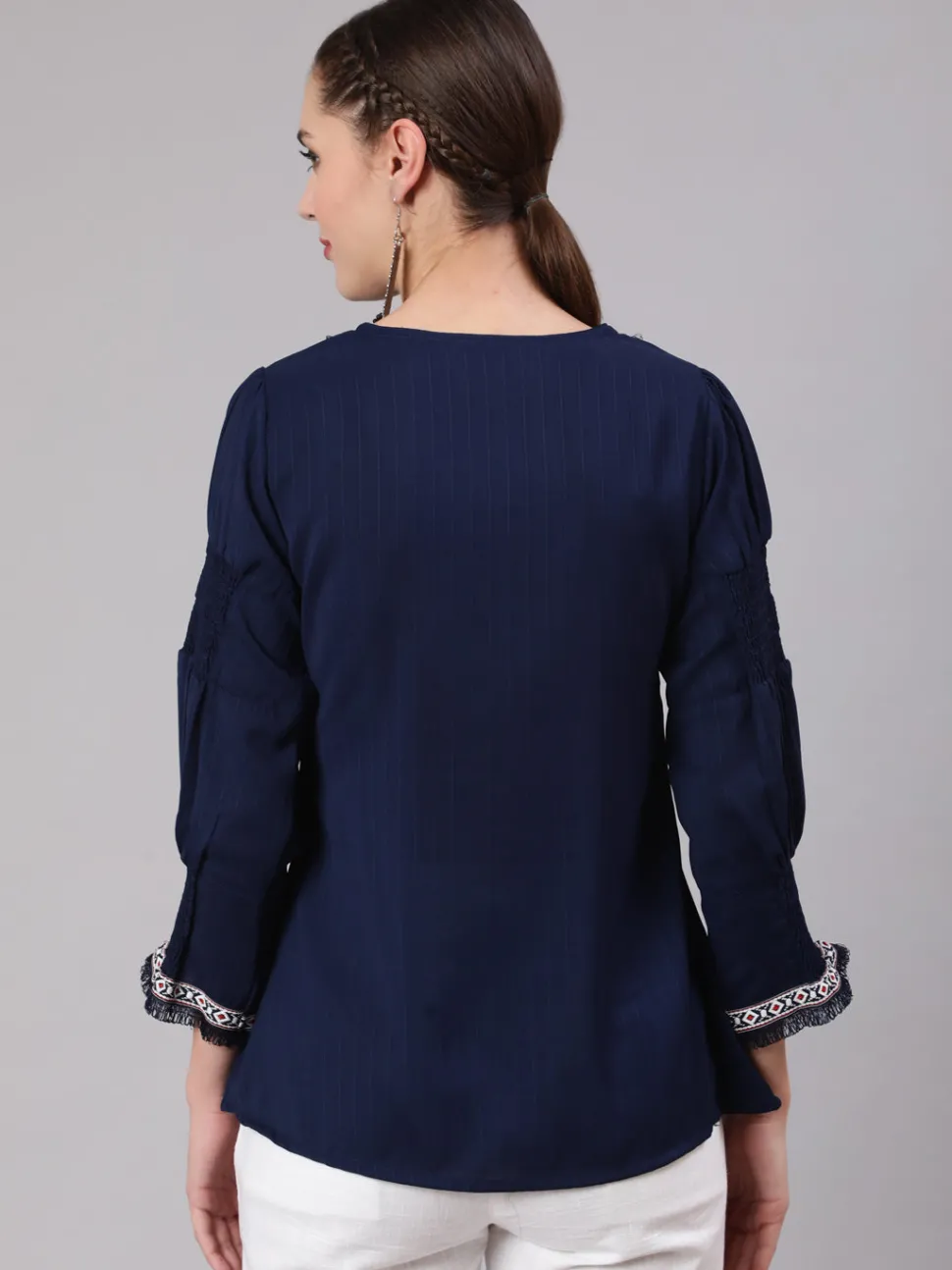 Jaipur Kurti A Blue Poly Silk Lace Embellished Top With Smocked Sleeves With Wide-Leg White Pants