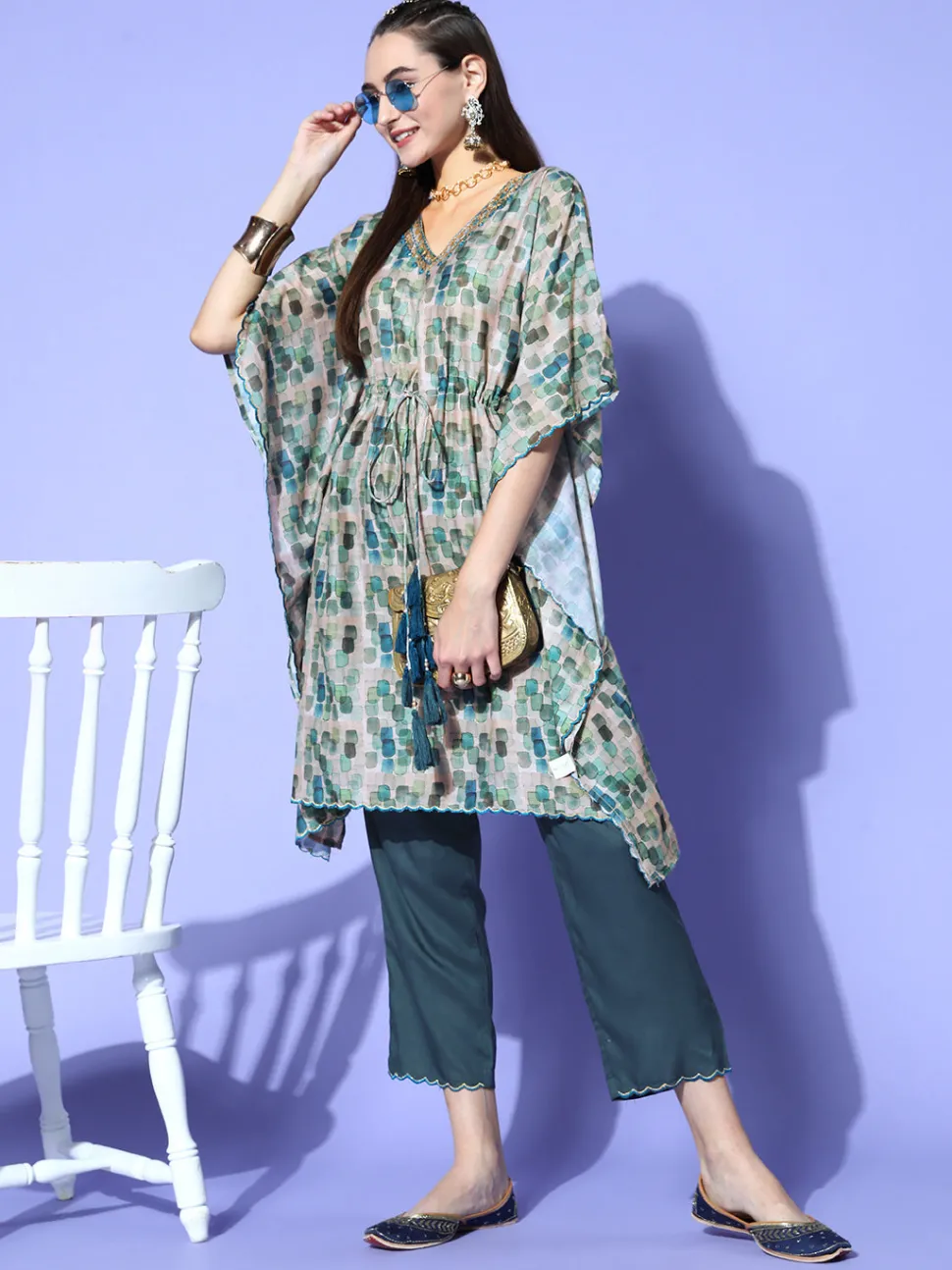 Jaipur Kurti A Abstracted Print Muslin Embroidered Kaftan With A Solid Regular Fit Pants