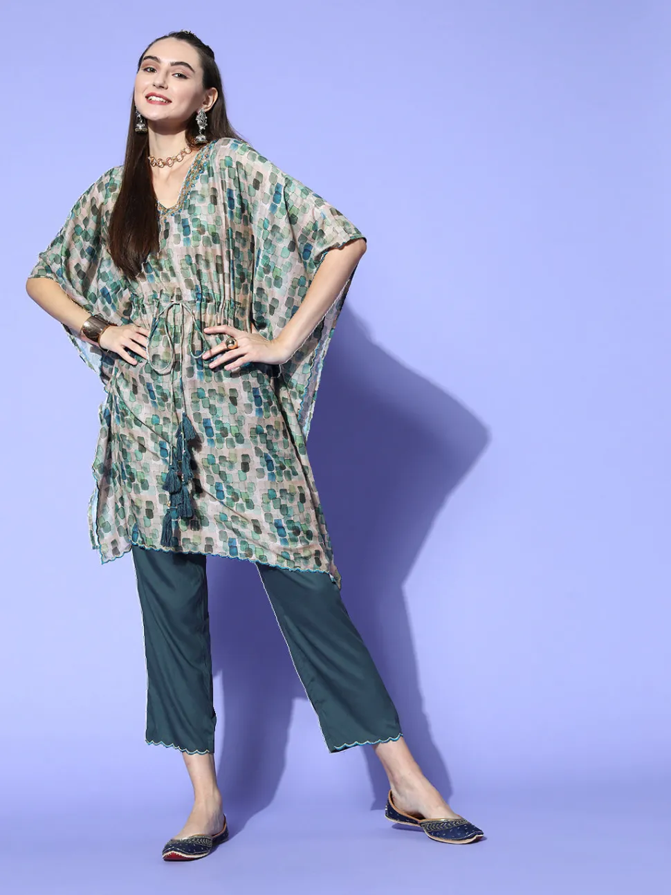 Jaipur Kurti A Abstracted Print Muslin Embroidered Kaftan With A Solid Regular Fit Pants