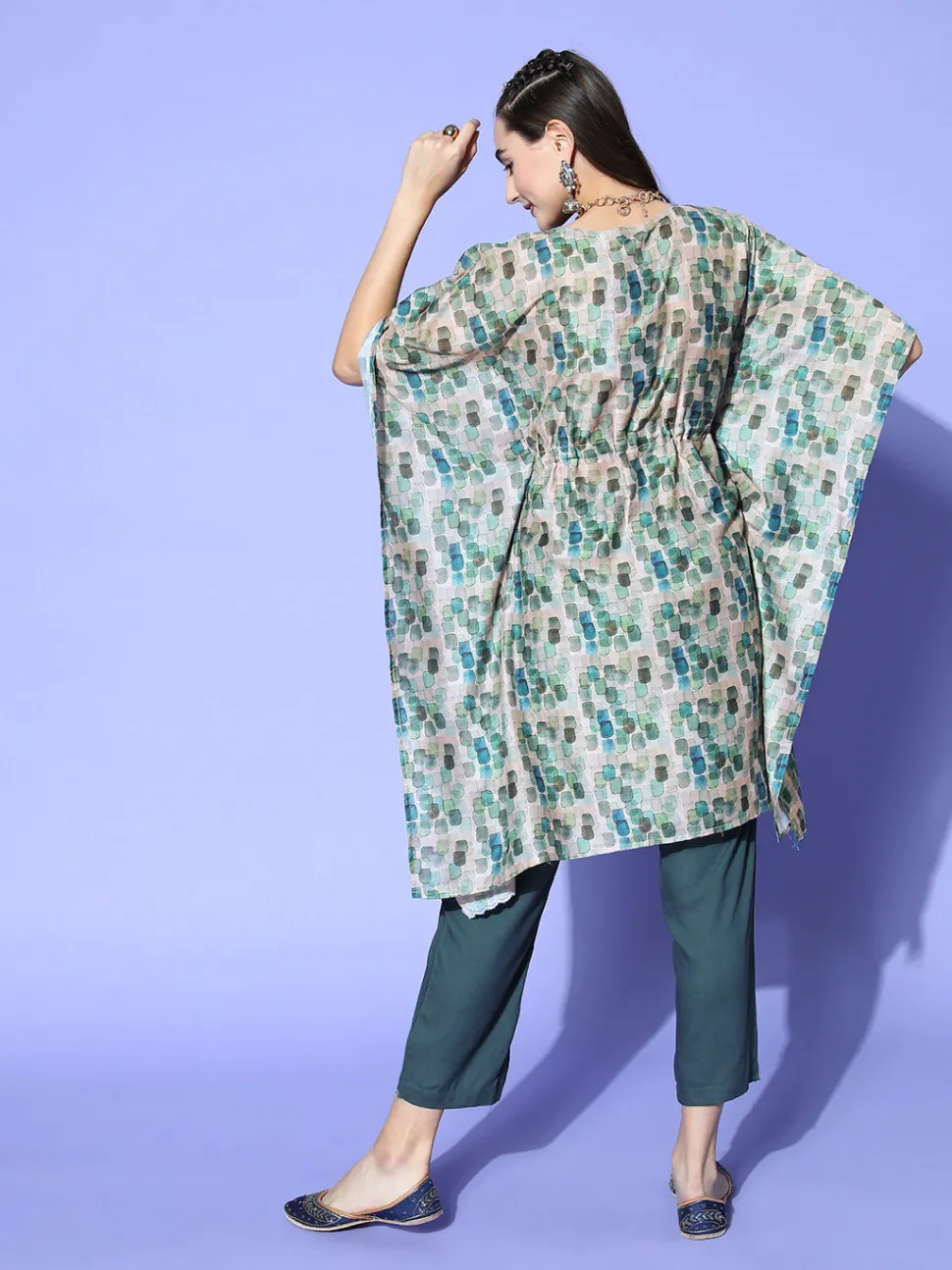 Jaipur Kurti A Abstracted Print Muslin Embroidered Kaftan With A Solid Regular Fit Pants