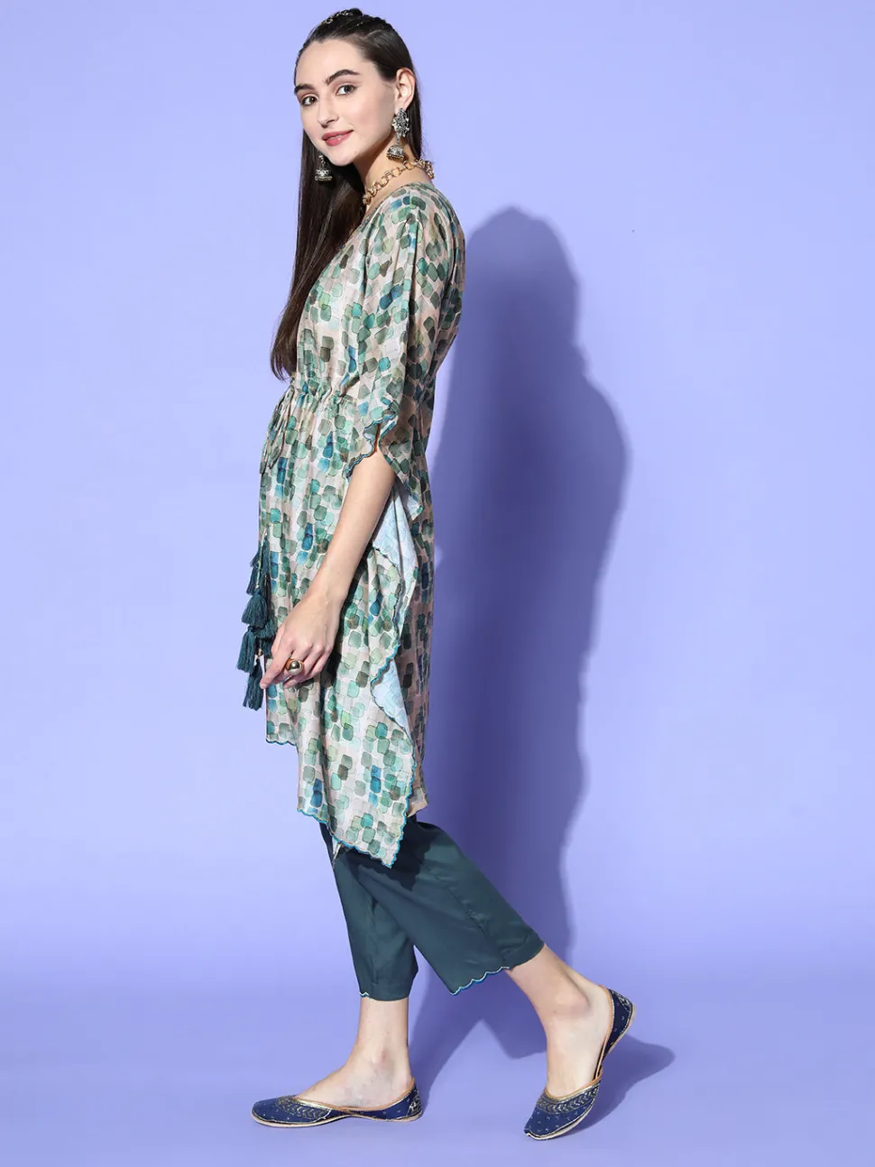 Jaipur Kurti A Abstracted Print Muslin Embroidered Kaftan With A Solid Regular Fit Pants