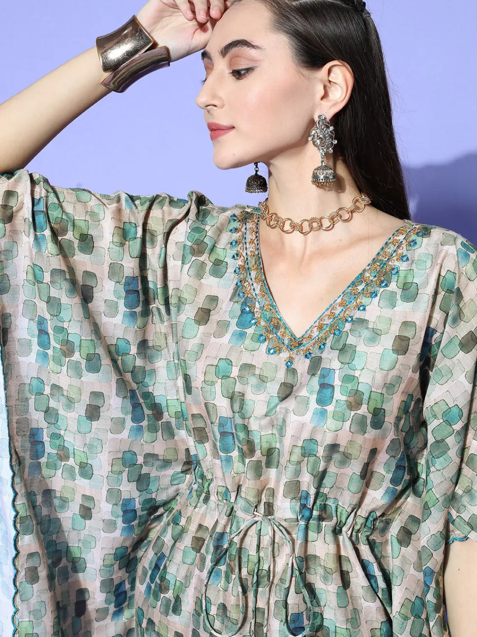 Jaipur Kurti A Abstracted Print Muslin Embroidered Kaftan With A Solid Regular Fit Pants