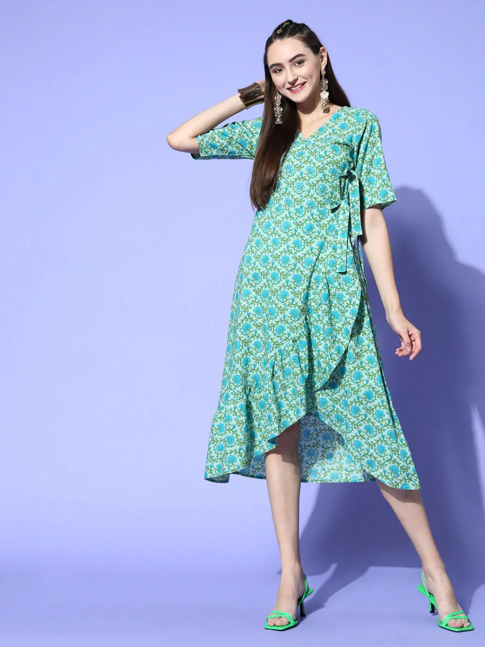 Jaipur Kurti A Green Floral Cotton Embroidered Flared Dress With Short Sleeves And Tie-Up Belt