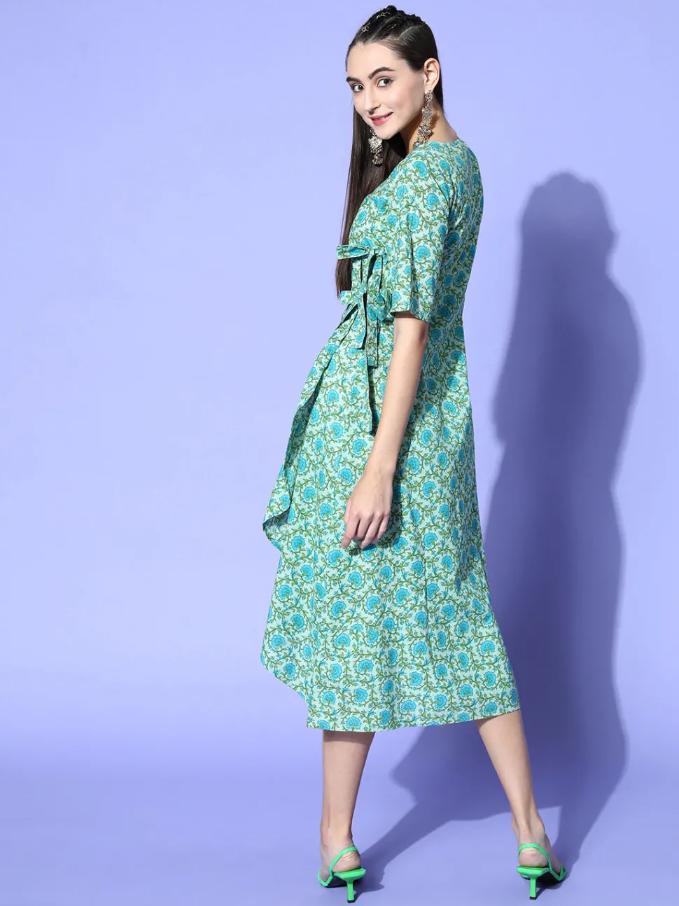 Jaipur Kurti A Green Floral Cotton Embroidered Flared Dress With Short Sleeves And Tie-Up Belt