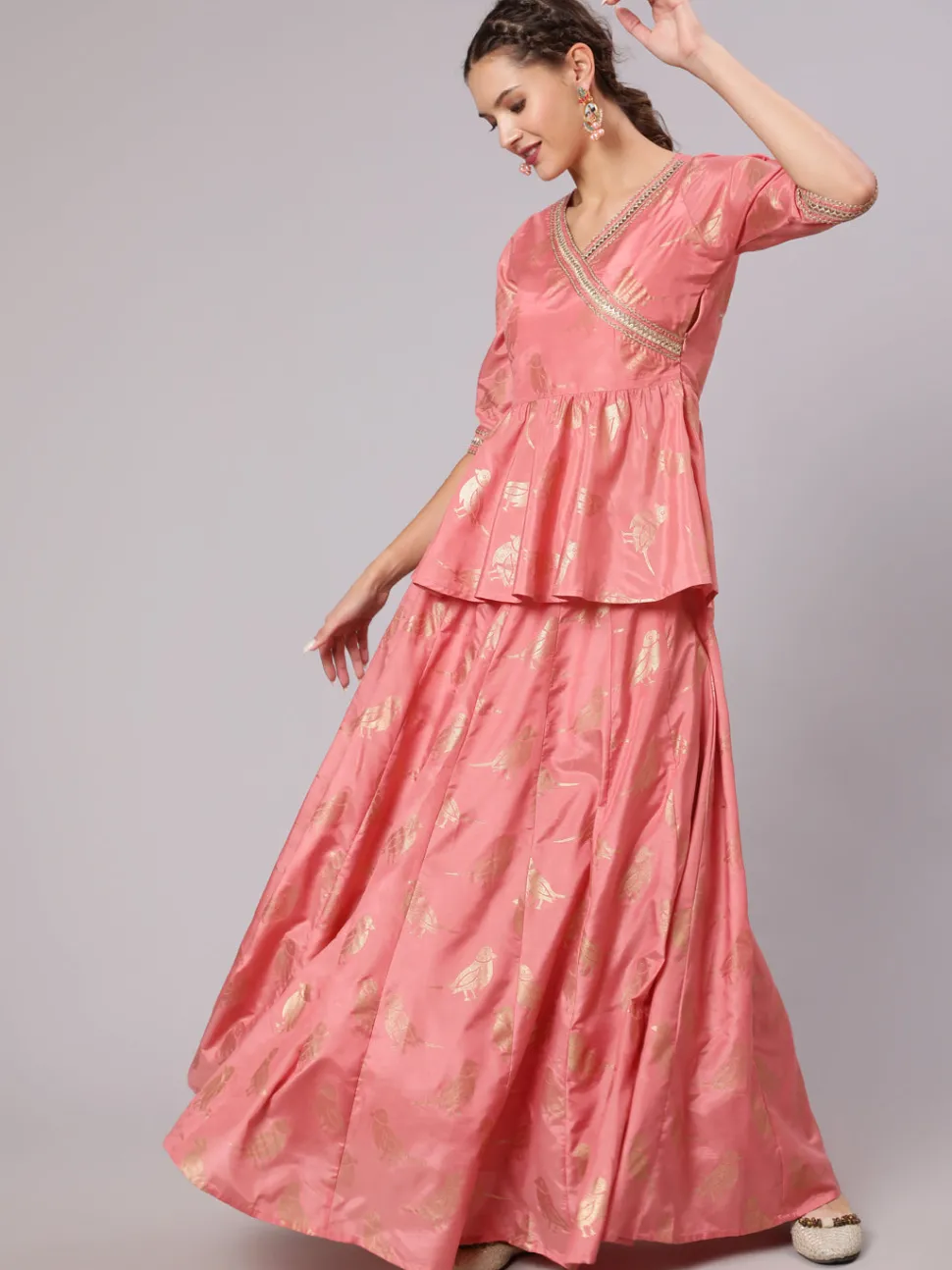 Jaipur Kurti A Peach Color Bird Printed Silk Blend Peplum Top And Skirt With A Gold Print Net Dupatta