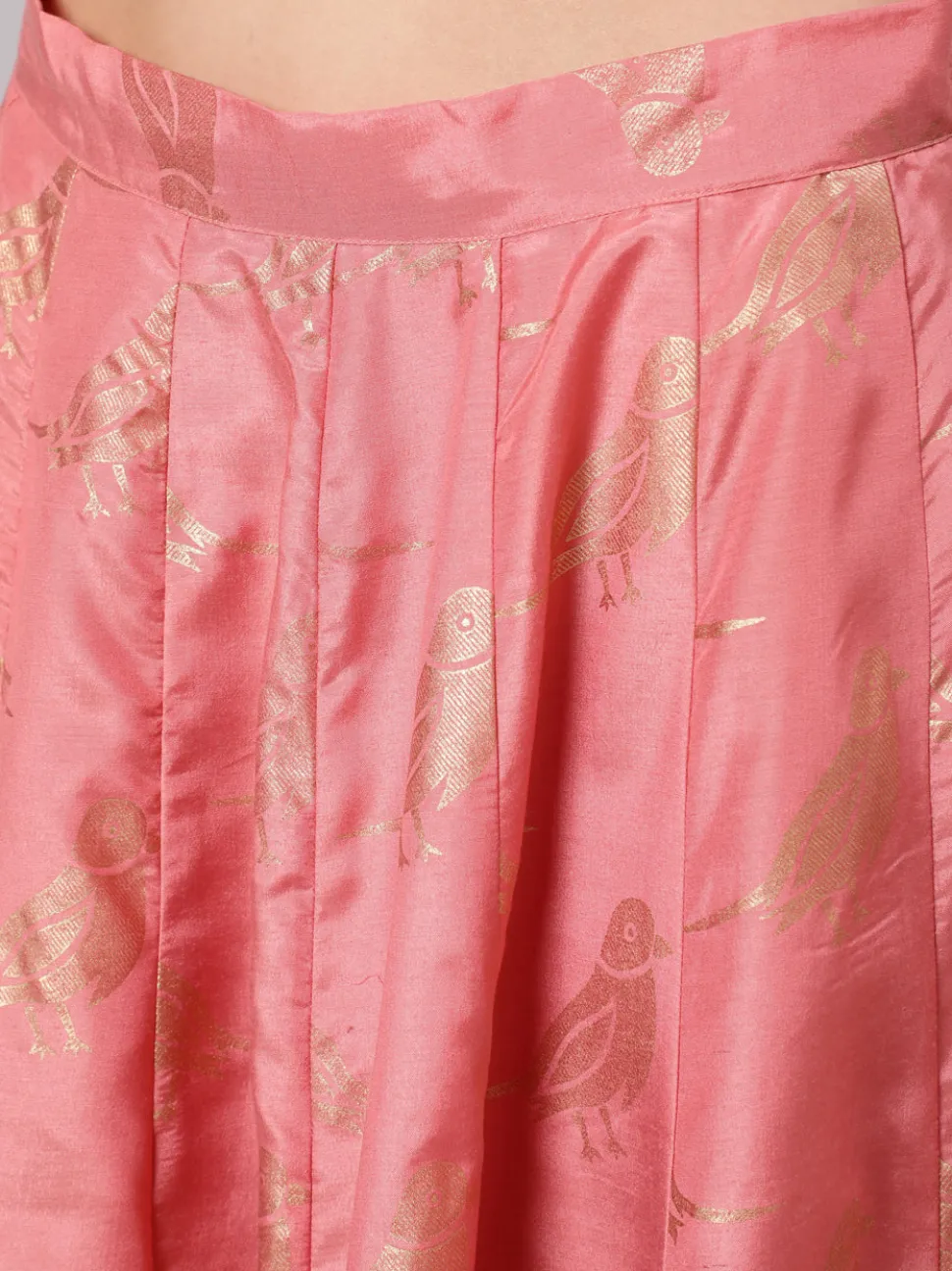 Jaipur Kurti A Peach Color Bird Printed Silk Blend Peplum Top And Skirt With A Gold Print Net Dupatta