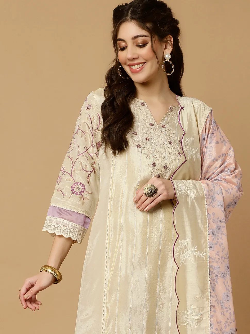 Jaipur Kurti Beige & Lavender Zarodosi Jacquard Silk Kurta With Pants And Dupatta