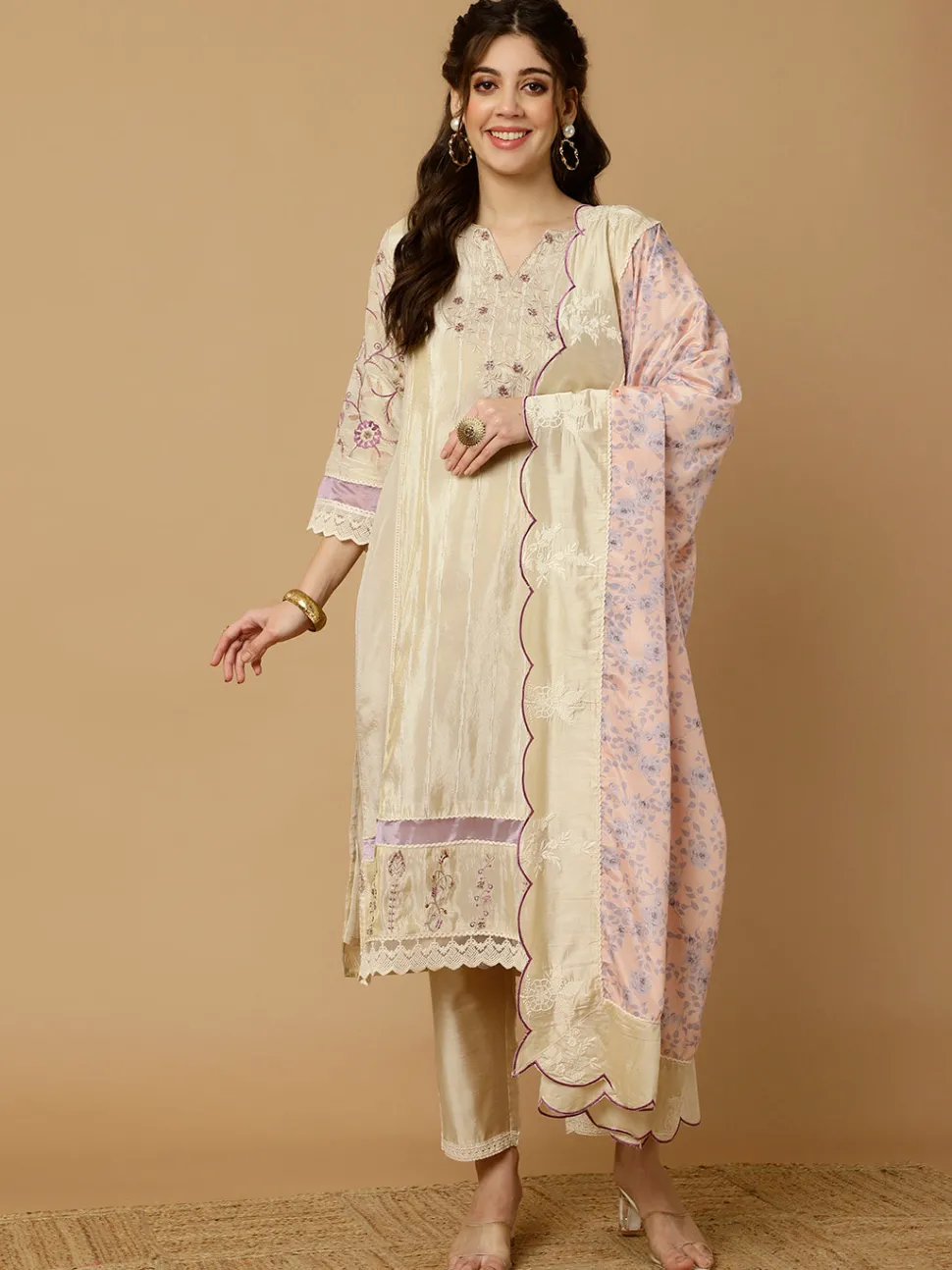 Jaipur Kurti Beige & Lavender Zarodosi Jacquard Silk Kurta With Pants And Dupatta