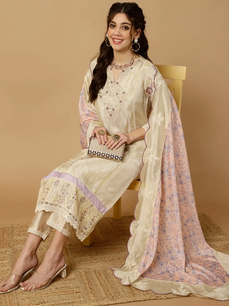 Jaipur Kurti Beige & Lavender Zarodosi Jacquard Silk Kurta With Pants And Dupatta