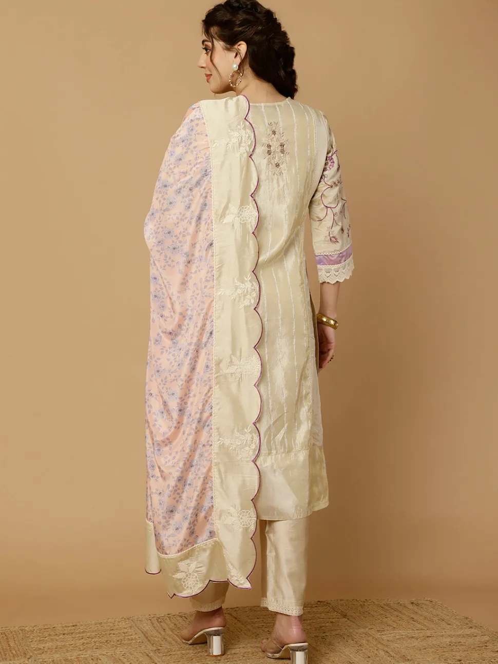 Jaipur Kurti Beige & Lavender Zarodosi Jacquard Silk Kurta With Pants And Dupatta