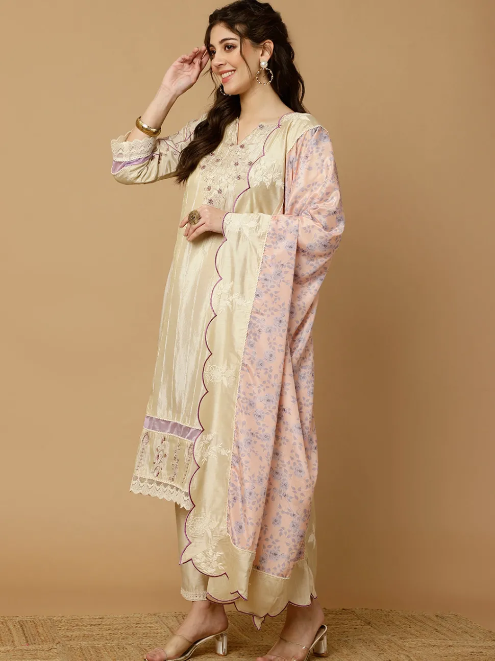 Jaipur Kurti Beige & Lavender Zarodosi Jacquard Silk Kurta With Pants And Dupatta