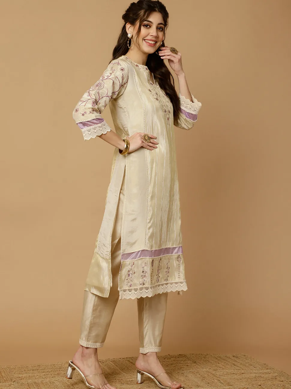 Jaipur Kurti Beige & Lavender Zarodosi Jacquard Silk Kurta With Pants And Dupatta