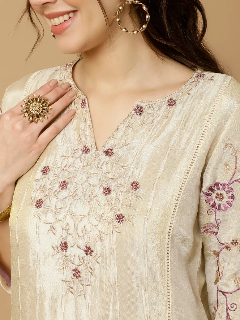 Jaipur Kurti Beige & Lavender Zarodosi Jacquard Silk Kurta With Pants And Dupatta