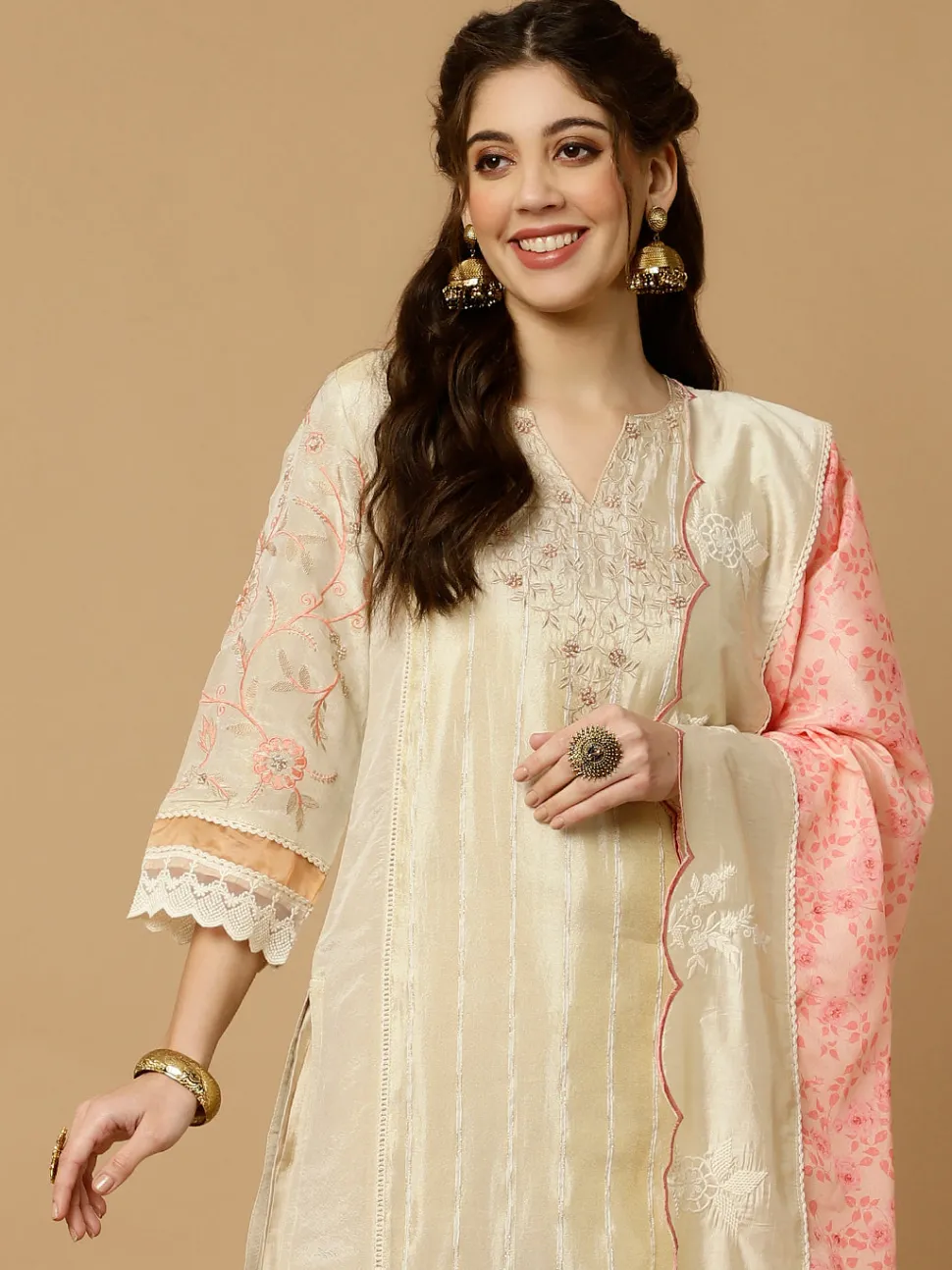 Jaipur Kurti Beige & Peach Zarodosi Jacquard Silk Kurta With Pants And Dupatta