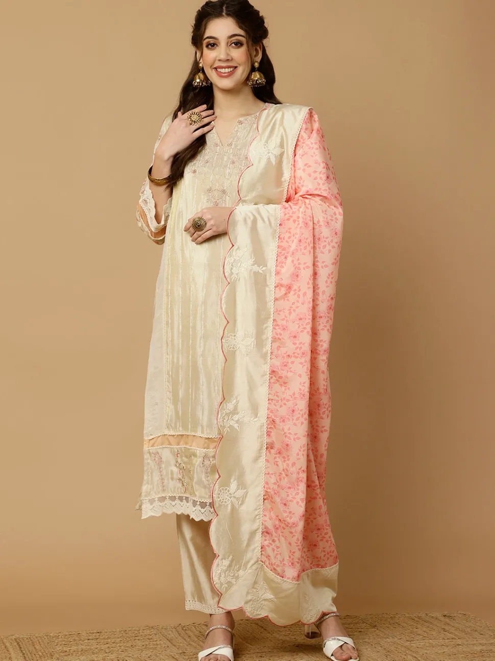 Jaipur Kurti Beige & Peach Zarodosi Jacquard Silk Kurta With Pants And Dupatta