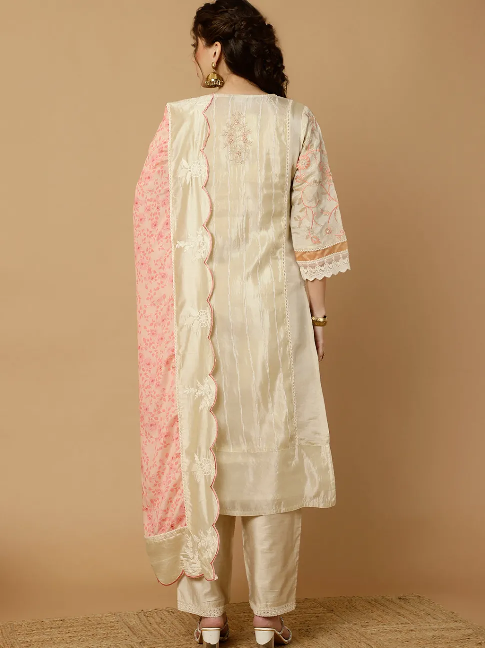 Jaipur Kurti Beige & Peach Zarodosi Jacquard Silk Kurta With Pants And Dupatta