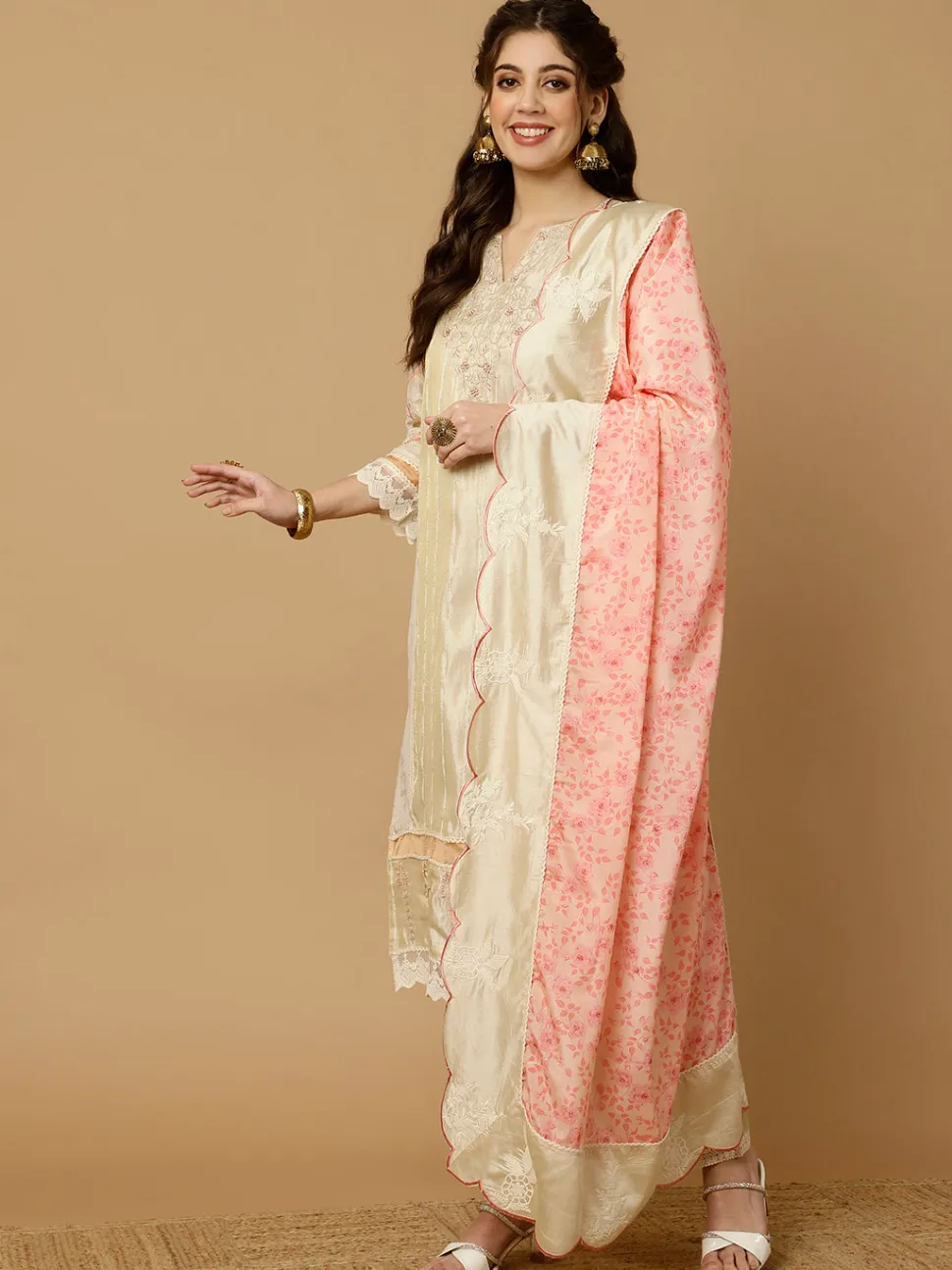 Jaipur Kurti Beige & Peach Zarodosi Jacquard Silk Kurta With Pants And Dupatta