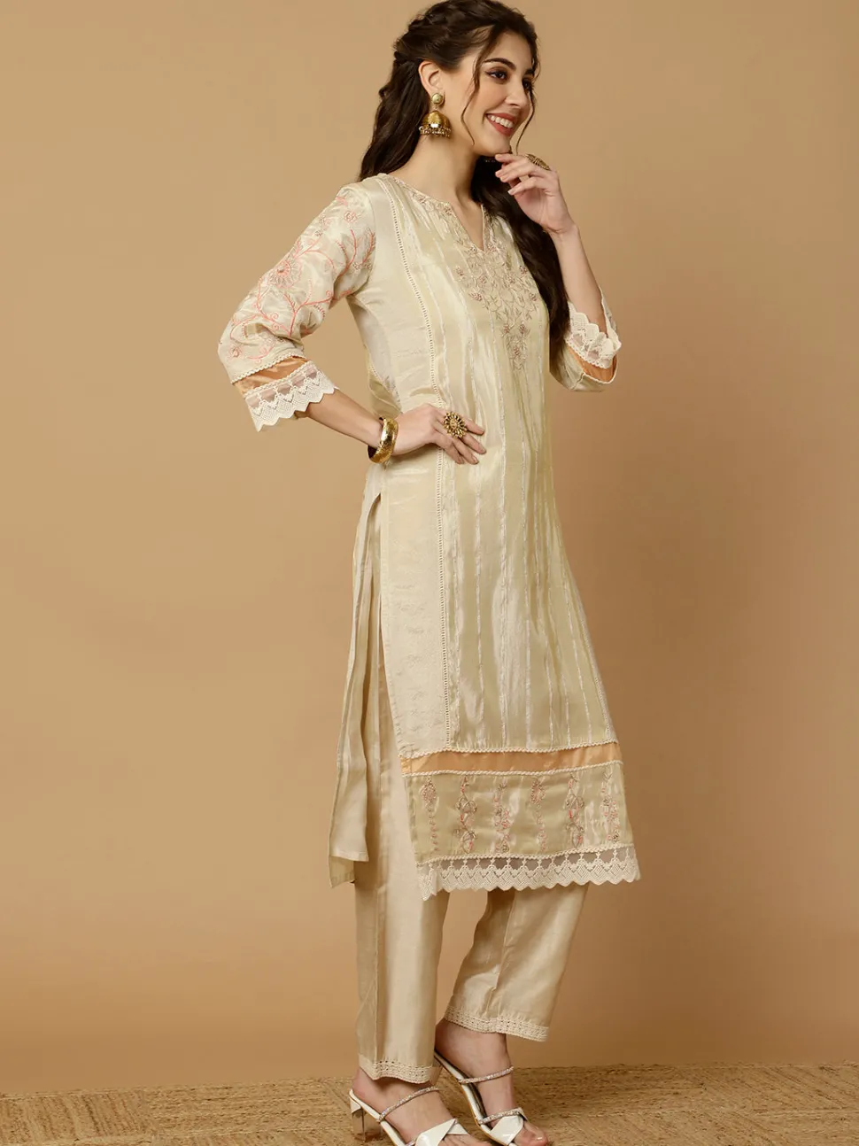 Jaipur Kurti Beige & Peach Zarodosi Jacquard Silk Kurta With Pants And Dupatta