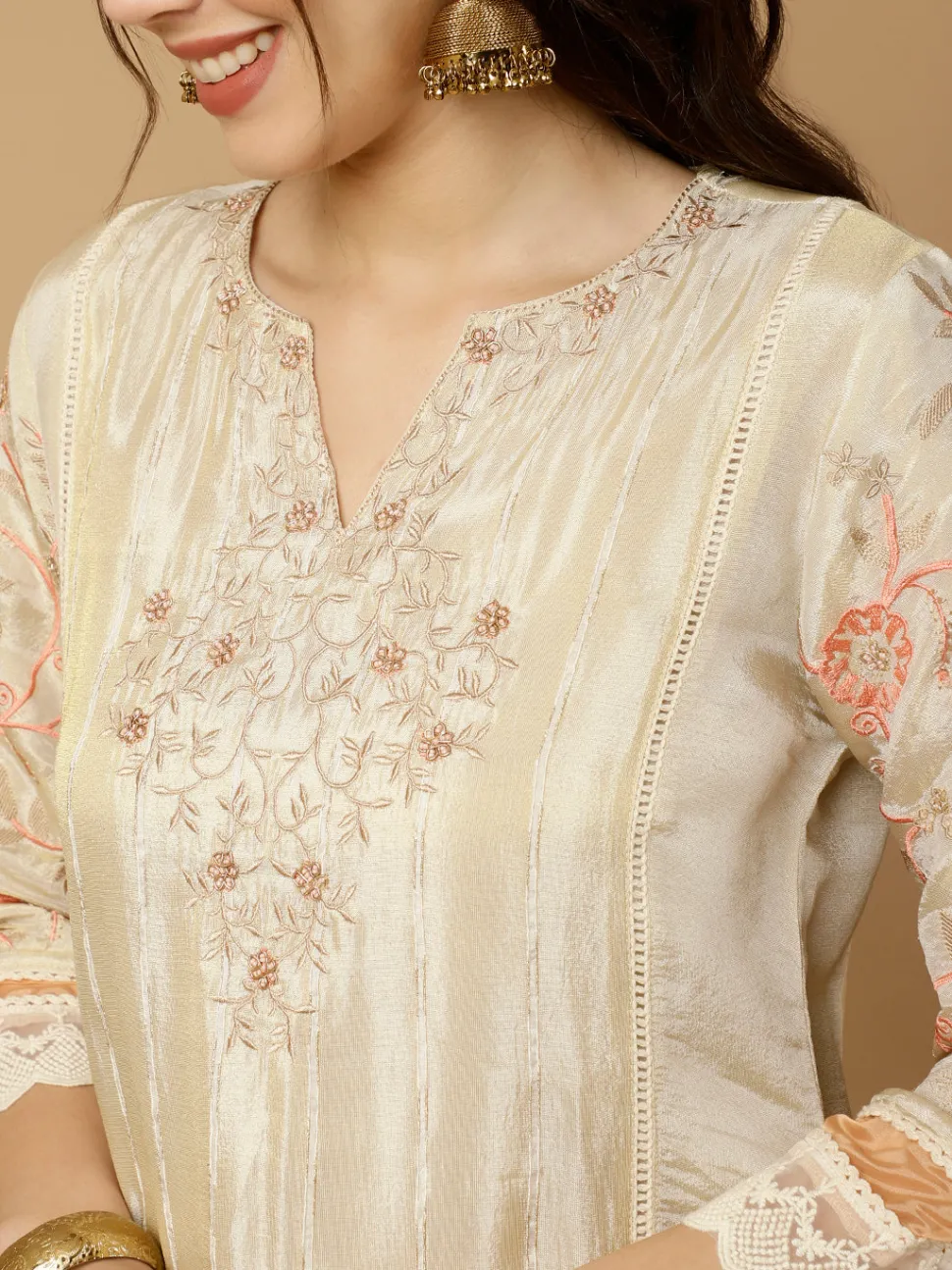 Jaipur Kurti Beige & Peach Zarodosi Jacquard Silk Kurta With Pants And Dupatta