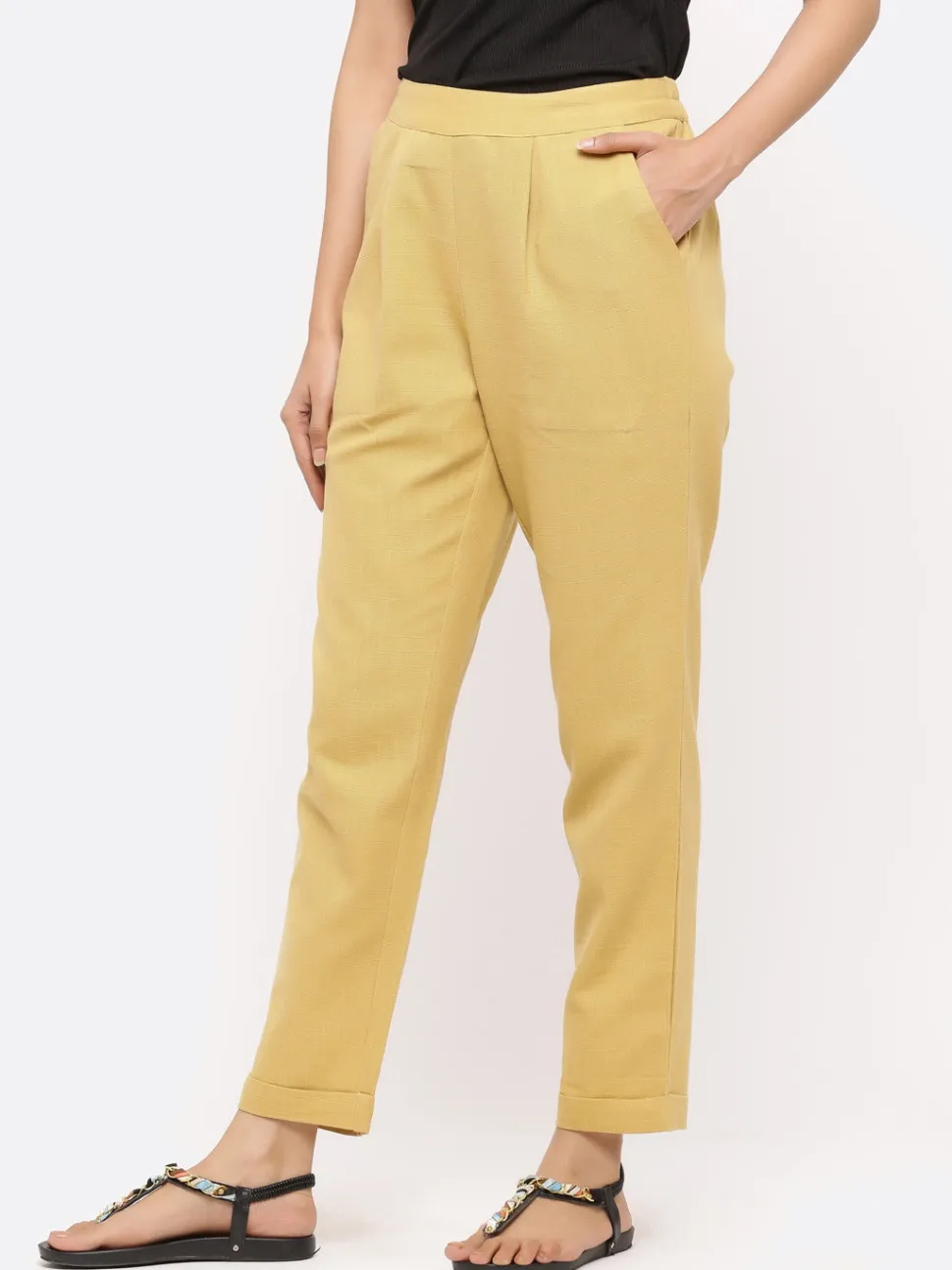 Jaipur Kurti Cotton Slub Bottom-Fold Straight Pants