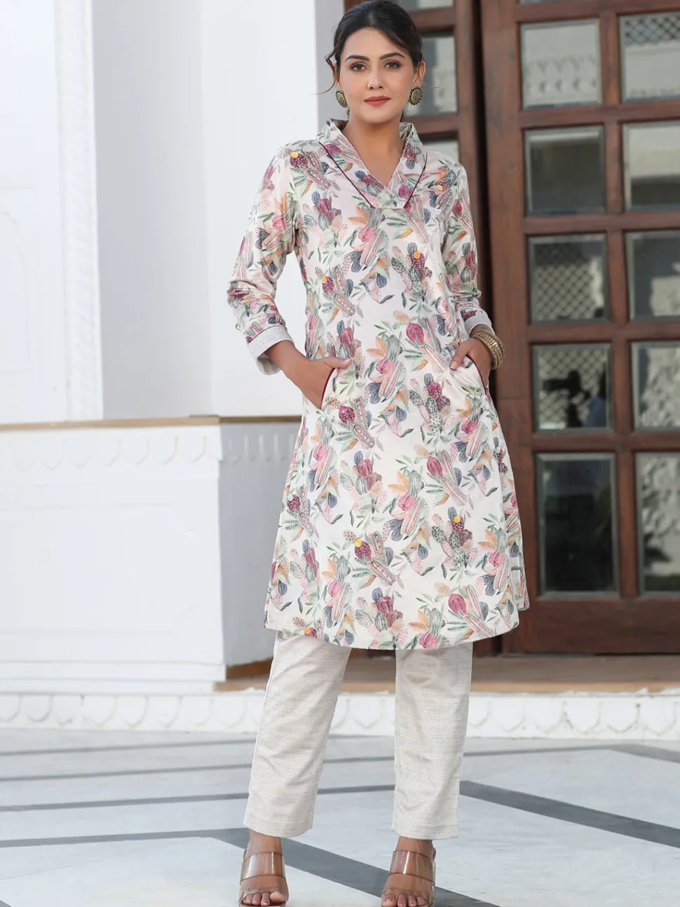 Jaipur Kurti Printed Embroidered Velvet Aline Kurta With Solid Velvet Pant