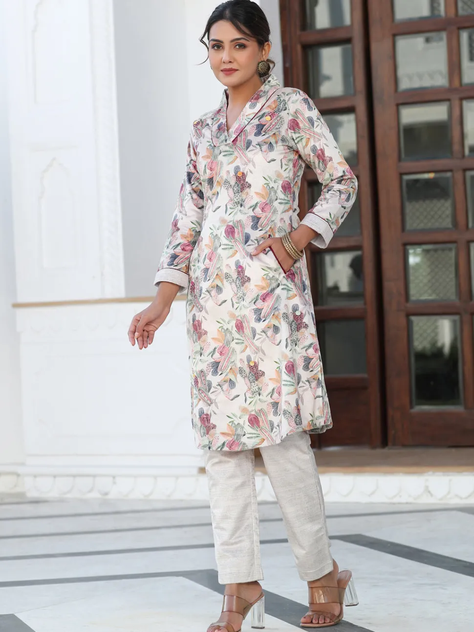 Jaipur Kurti Printed Embroidered Velvet Aline Kurta With Solid Velvet Pant