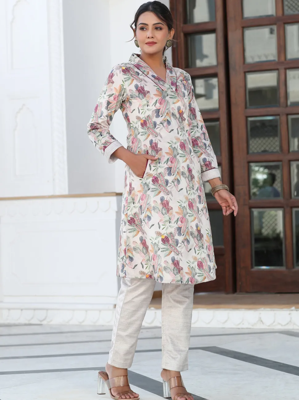 Jaipur Kurti Printed Embroidered Velvet Aline Kurta With Solid Velvet Pant