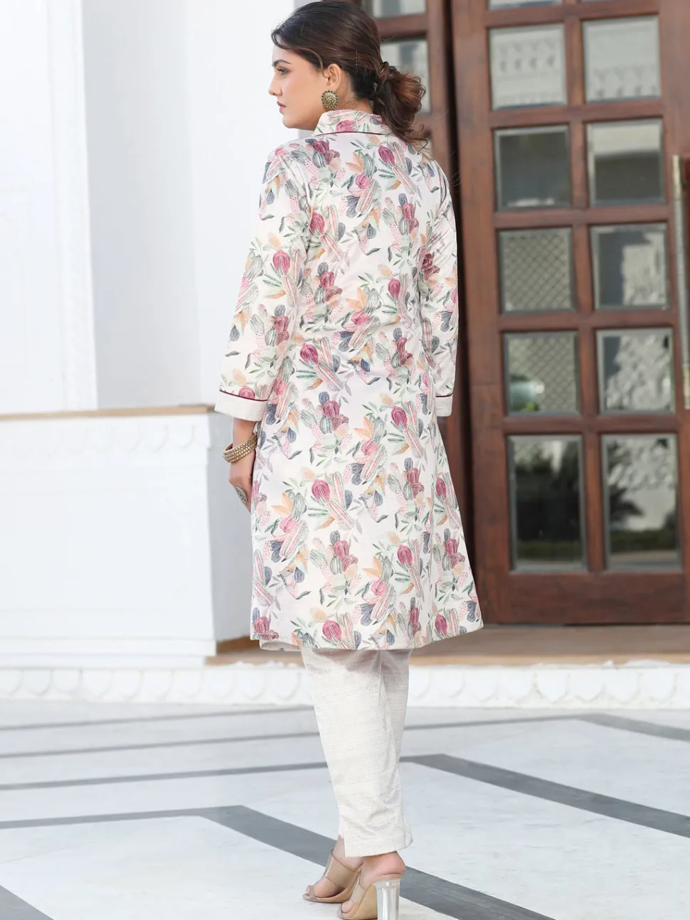 Jaipur Kurti Printed Embroidered Velvet Aline Kurta With Solid Velvet Pant