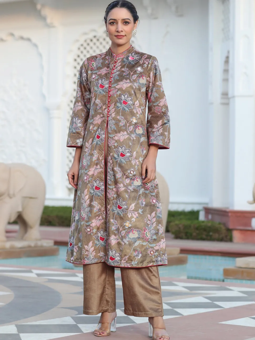 Jaipur Kurti Beige Printed Embroidered Velvet Straight Kurta Paired With Solid Velvet Palazzo