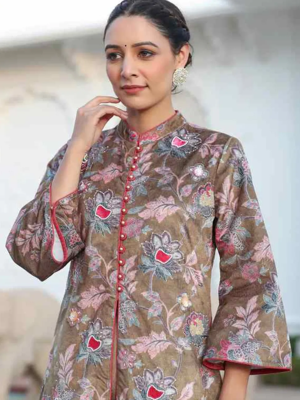 Jaipur Kurti Beige Printed Embroidered Velvet Straight Kurta Paired With Solid Velvet Palazzo