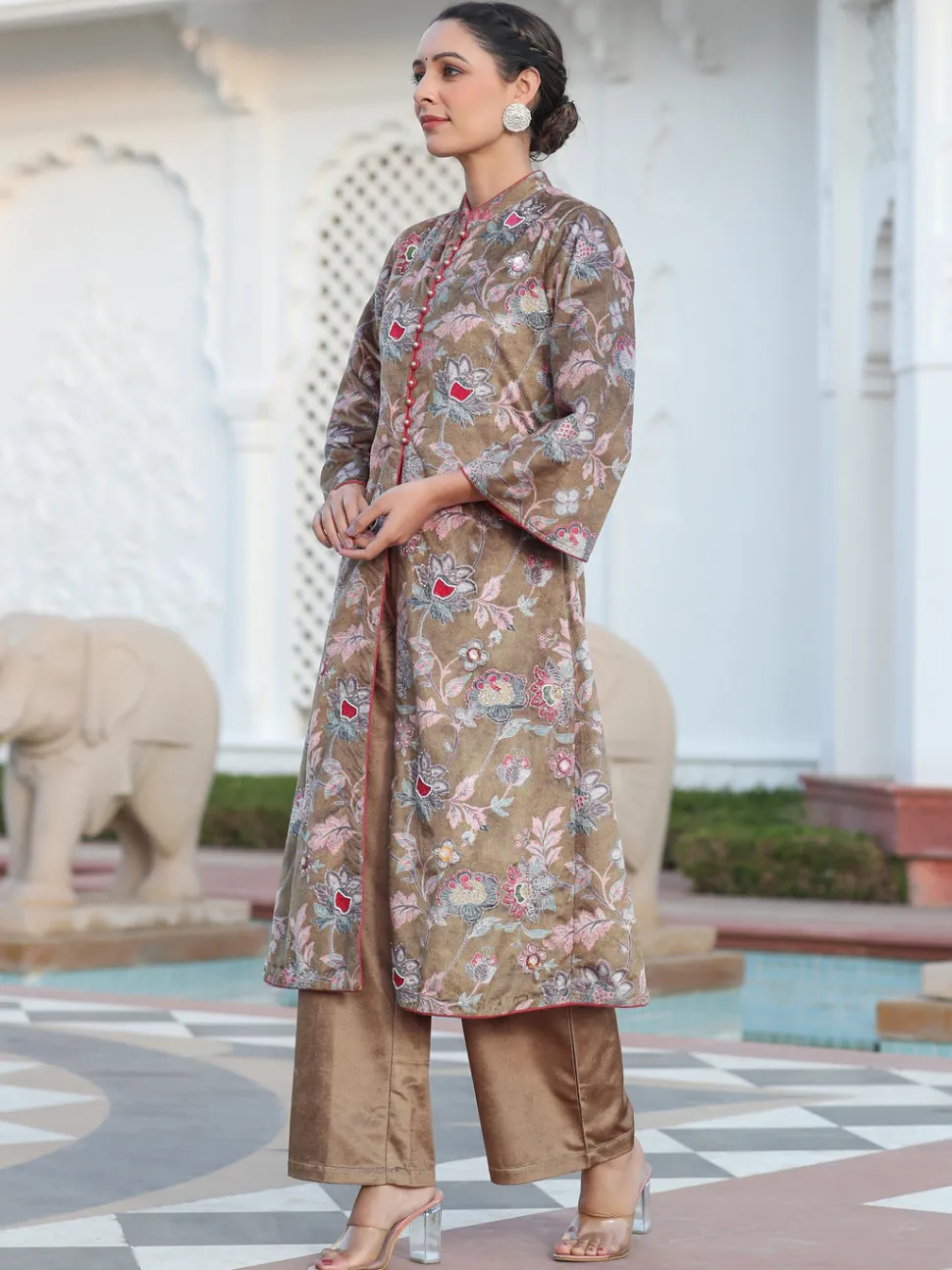 Jaipur Kurti Beige Printed Embroidered Velvet Straight Kurta Paired With Solid Velvet Palazzo
