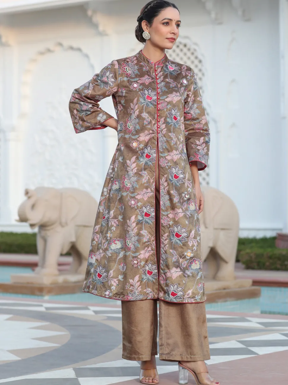 Jaipur Kurti Beige Printed Embroidered Velvet Straight Kurta Paired With Solid Velvet Palazzo