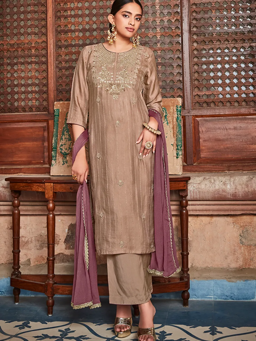 Jaipur Kurti Straight Zardozi Embroided Kurta With Palazzo And Chinon Embroidered Dupatta