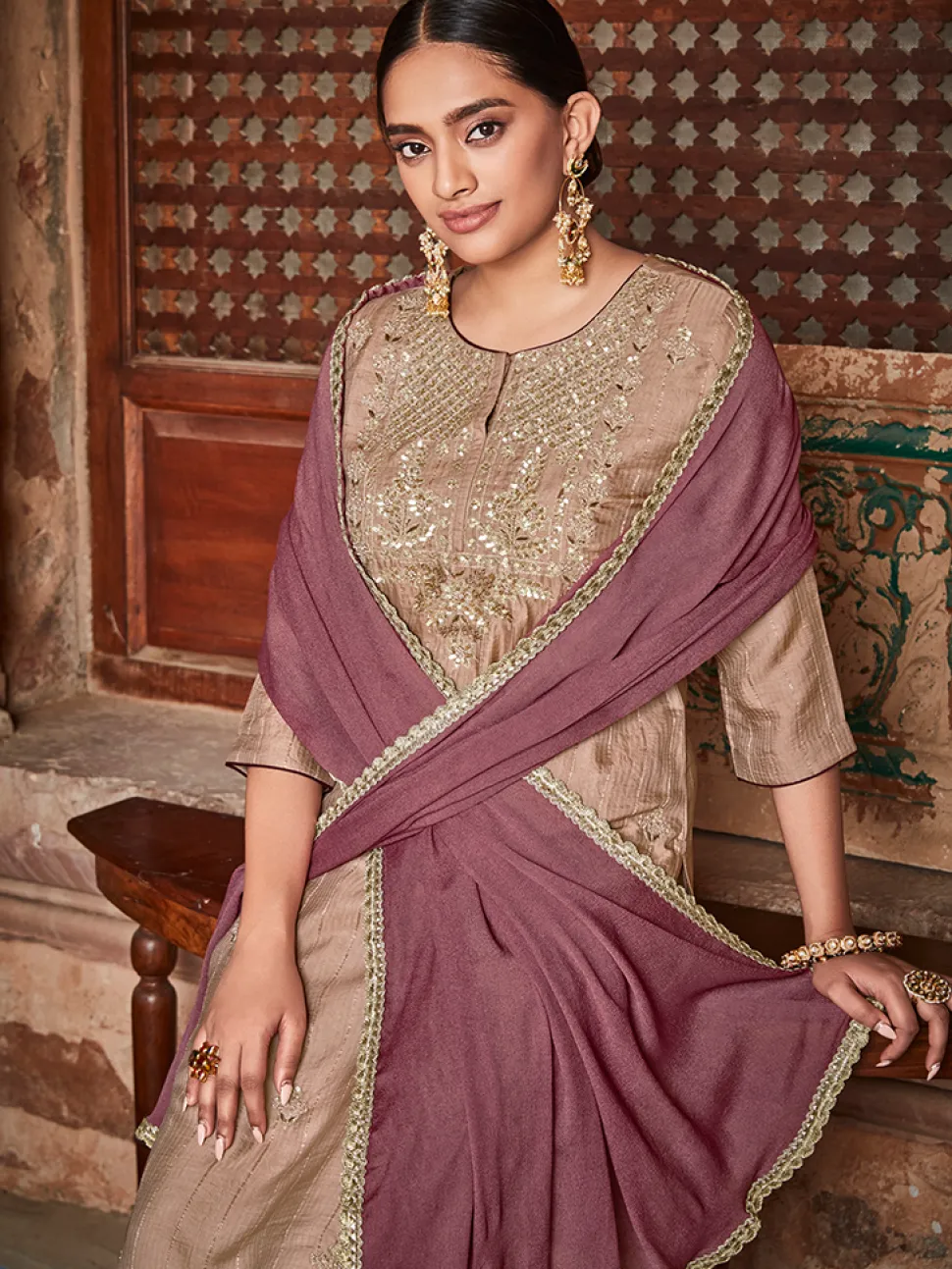 Jaipur Kurti Straight Zardozi Embroided Kurta With Palazzo And Chinon Embroidered Dupatta