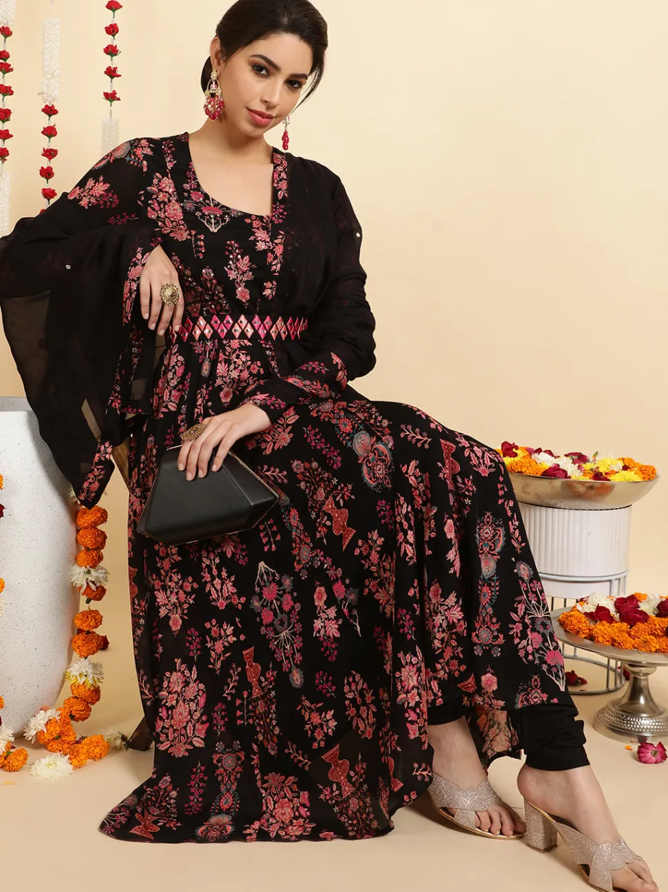 Jaipur Kurti Ethnic Printed Zardozi Anarkali Kurta With Churidar And Dupatta