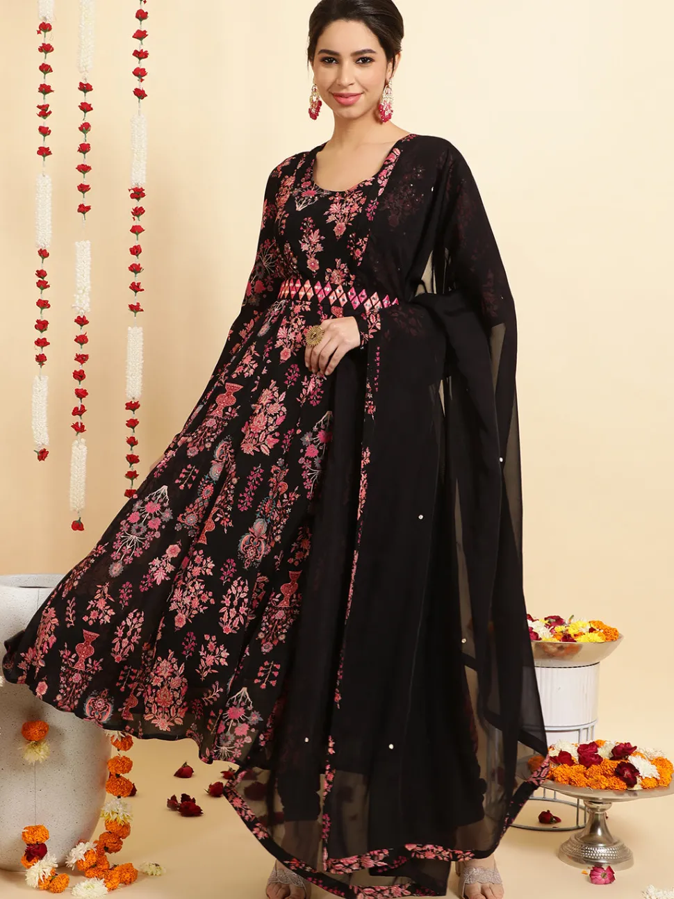 Jaipur Kurti Ethnic Printed Zardozi Anarkali Kurta With Churidar And Dupatta