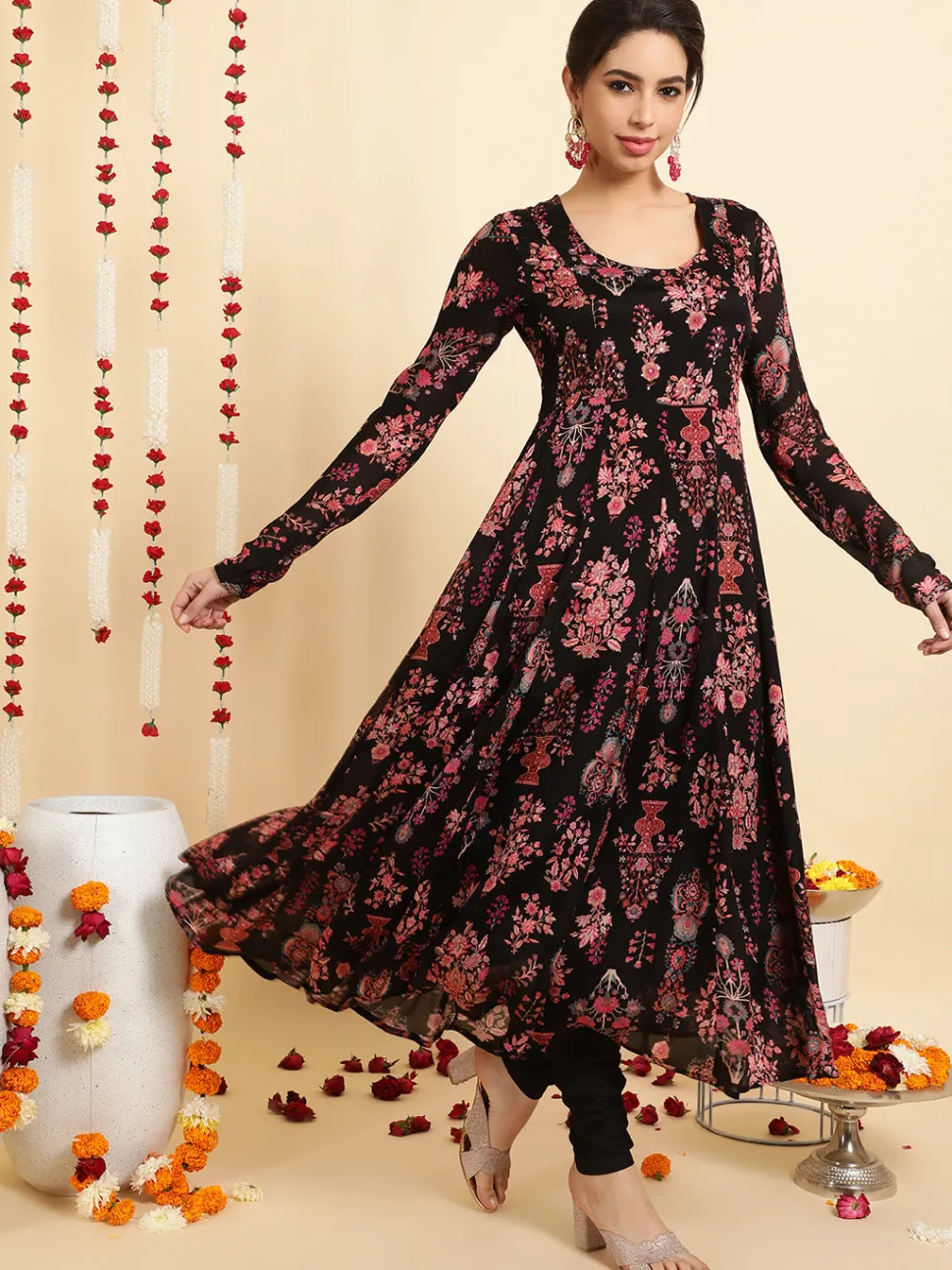 Jaipur Kurti Ethnic Printed Zardozi Anarkali Kurta With Churidar And Dupatta