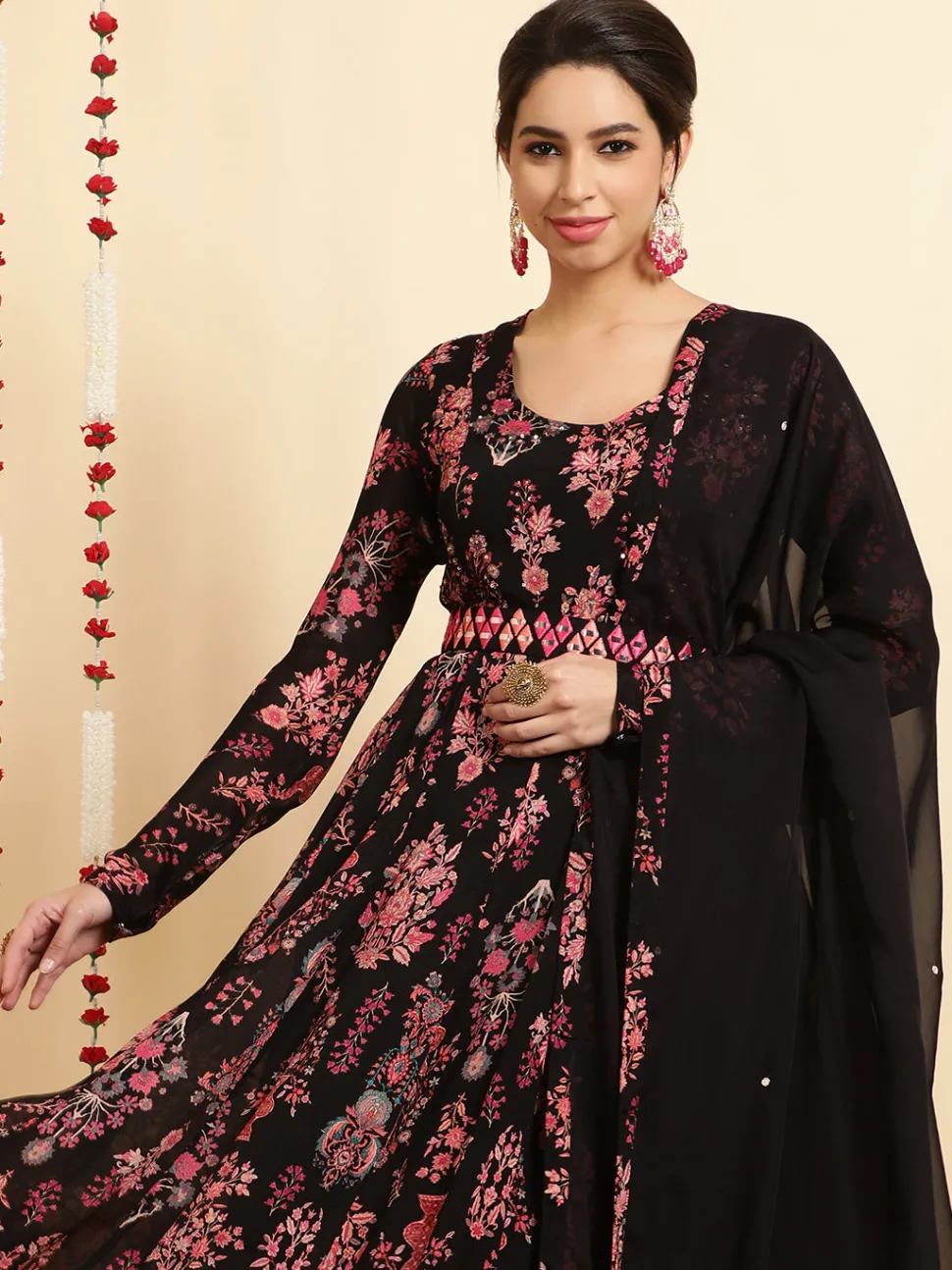 Jaipur Kurti Ethnic Printed Zardozi Anarkali Kurta With Churidar And Dupatta