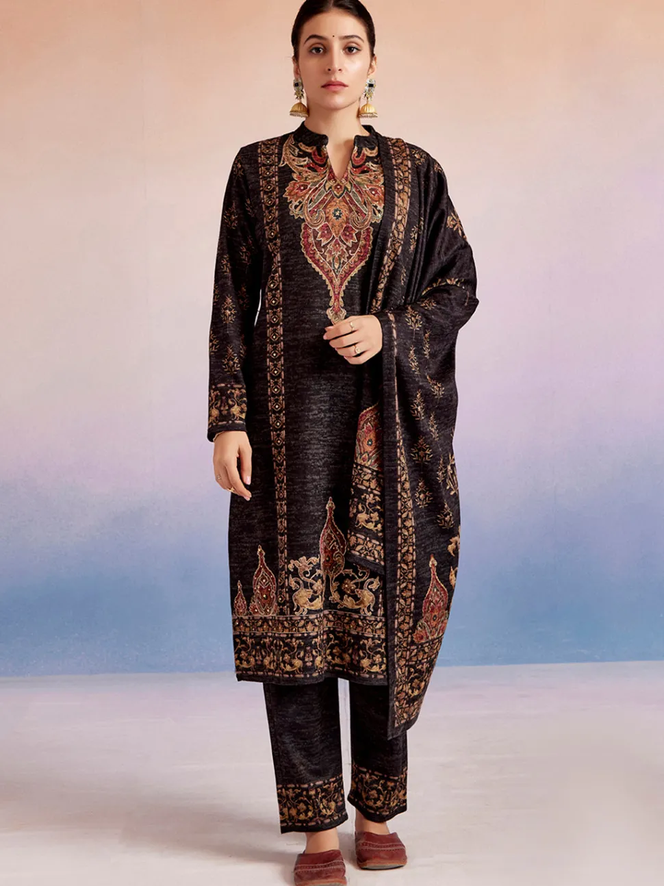 Jaipur Kurti Woolen Ethnic Printed Kurta Set With Dupatta