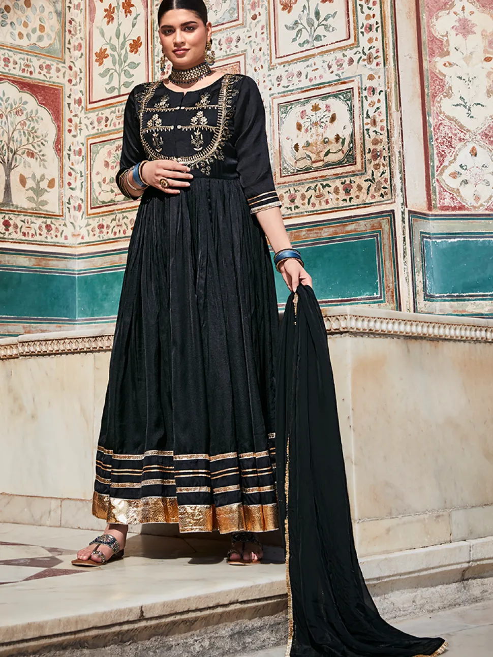 Jaipur Kurti Zardozi Work Floor Length Anarkali Kurta With Organza Embellished Dupatta