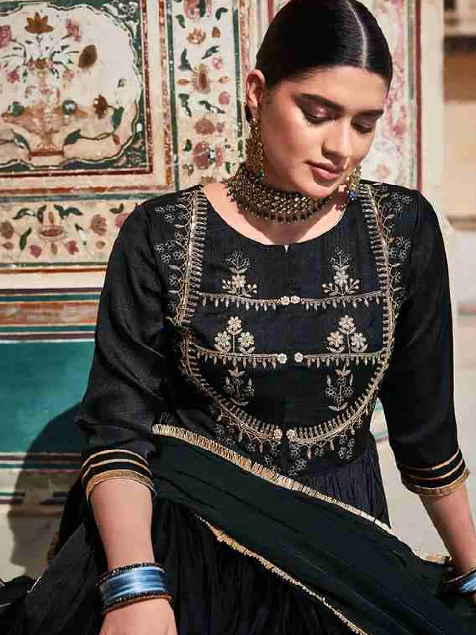 Jaipur Kurti Zardozi Work Floor Length Anarkali Kurta With Organza Embellished Dupatta