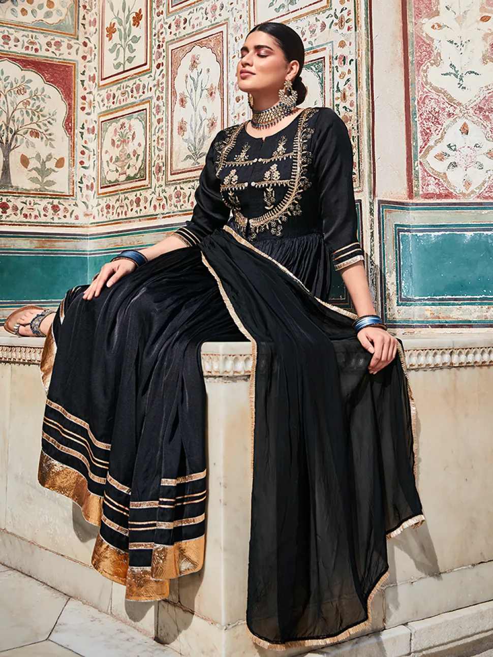 Jaipur Kurti Zardozi Work Floor Length Anarkali Kurta With Organza Embellished Dupatta