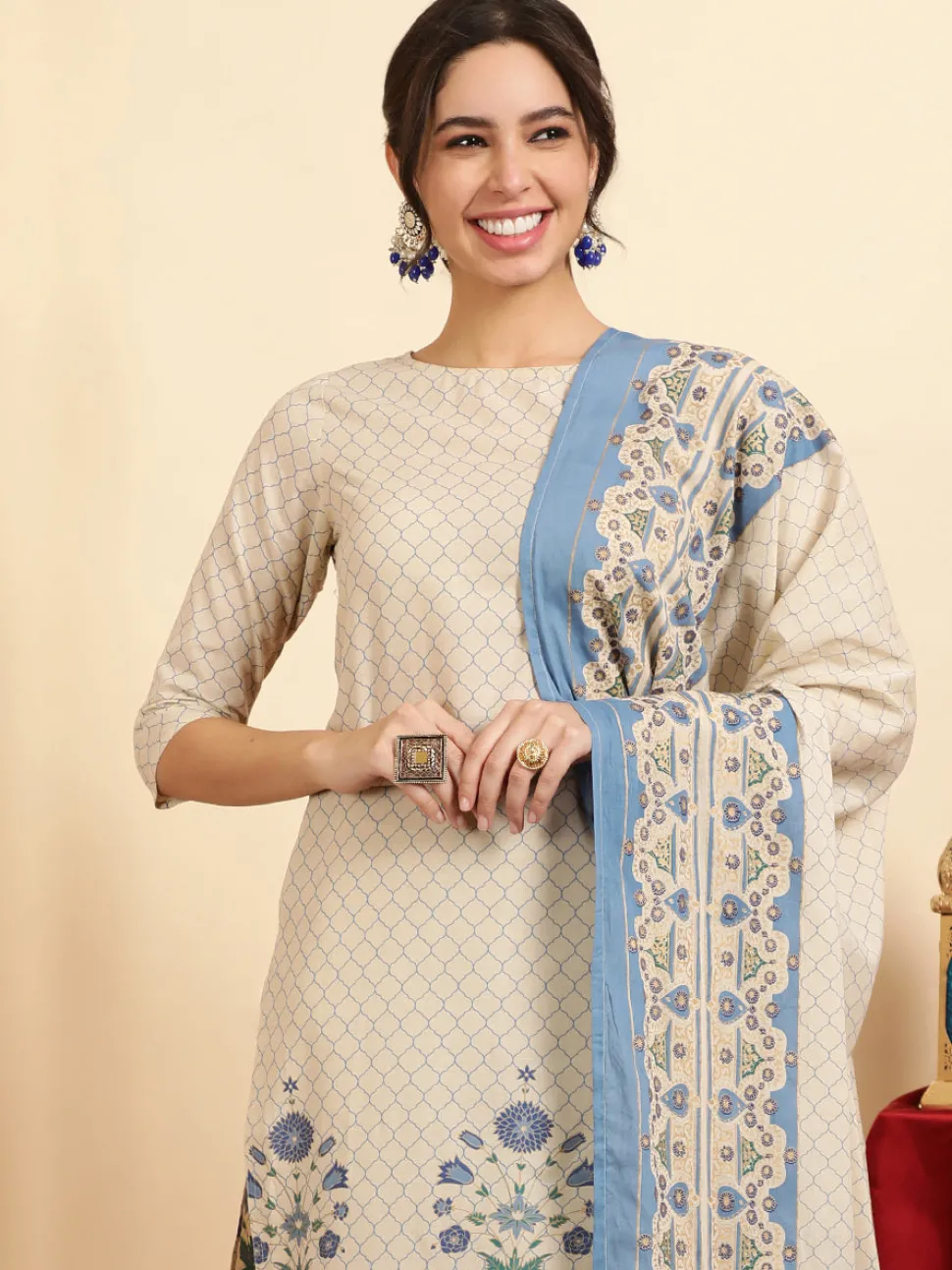 Jaipur Kurti Ethnic Motif Guldasta Cotton Straight Kurta With Pants And Dupatta