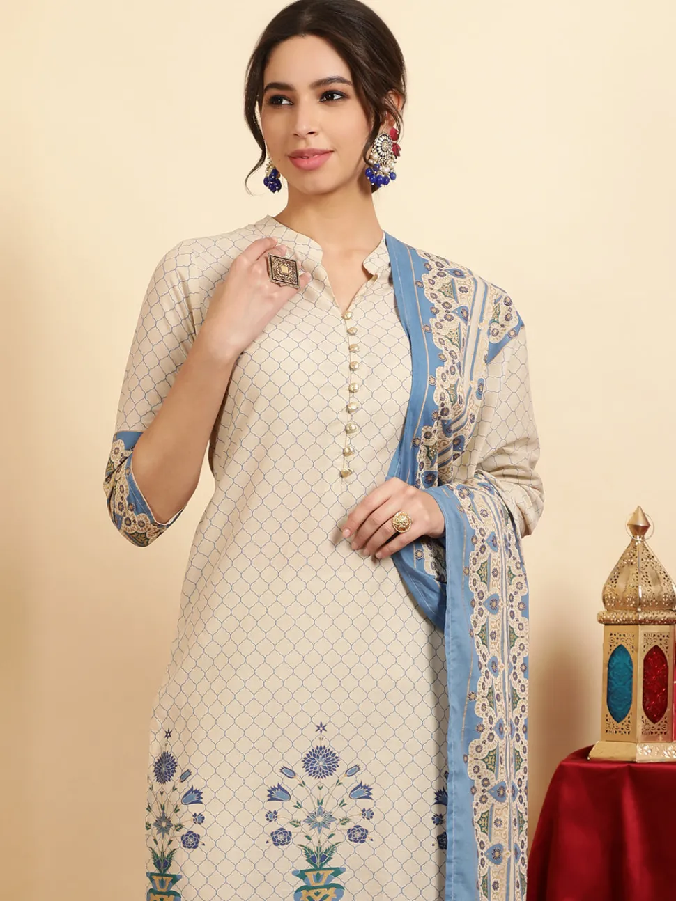 Jaipur Kurti Ethnic Motif Printed Cotton Straight Kurta With Pants And Dupatta