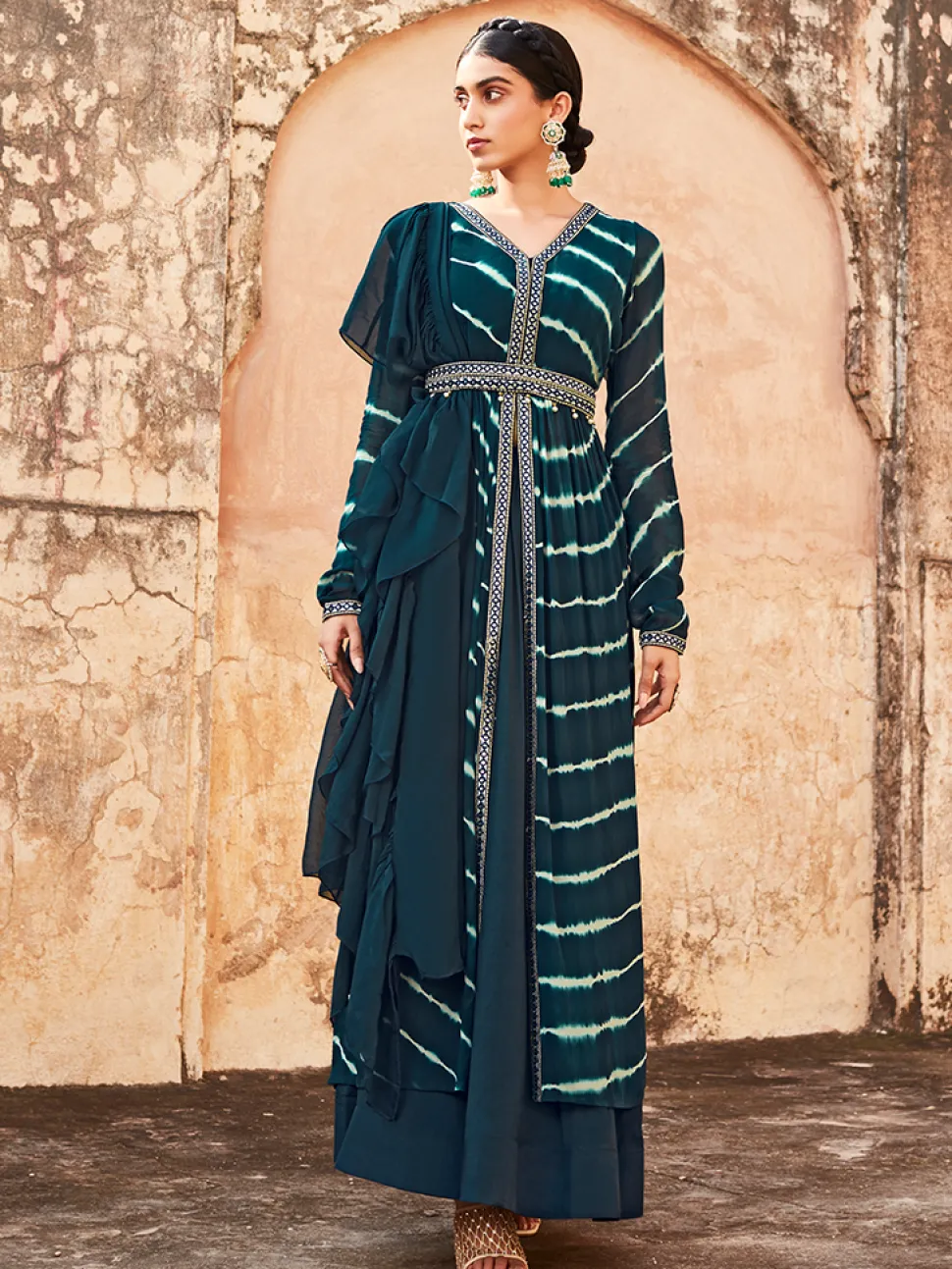 Jaipur Kurti Lehriya Flared Jacket With Skirt And Dupatta And Mirror Work Belt