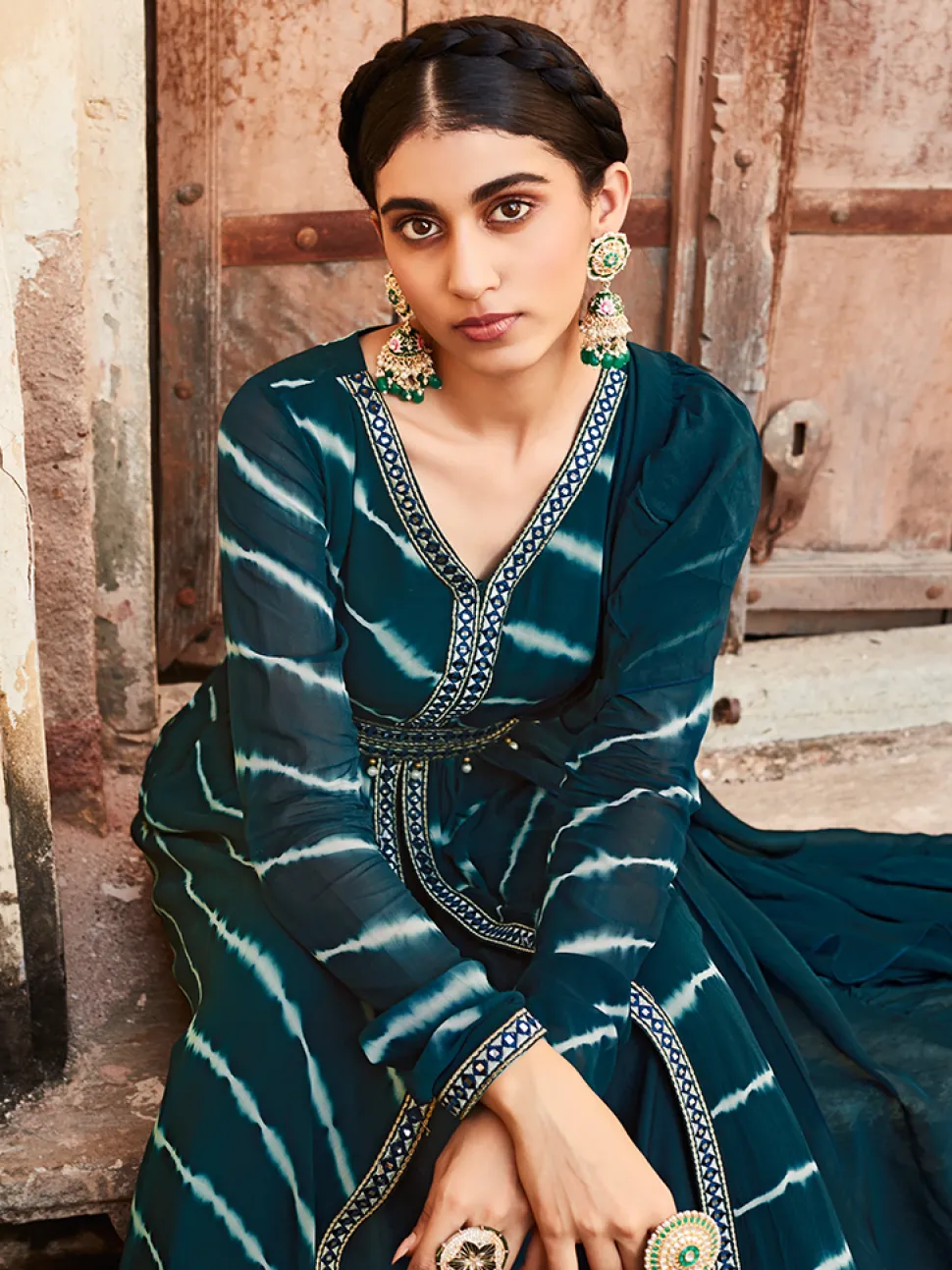 Jaipur Kurti Lehriya Flared Jacket With Skirt And Dupatta And Mirror Work Belt
